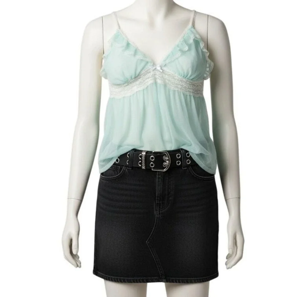 Betsey Johnson Aqua Blue Babydoll Lingerie Lace Trim Ruffle Halter Y2K - Picture 3 of 12